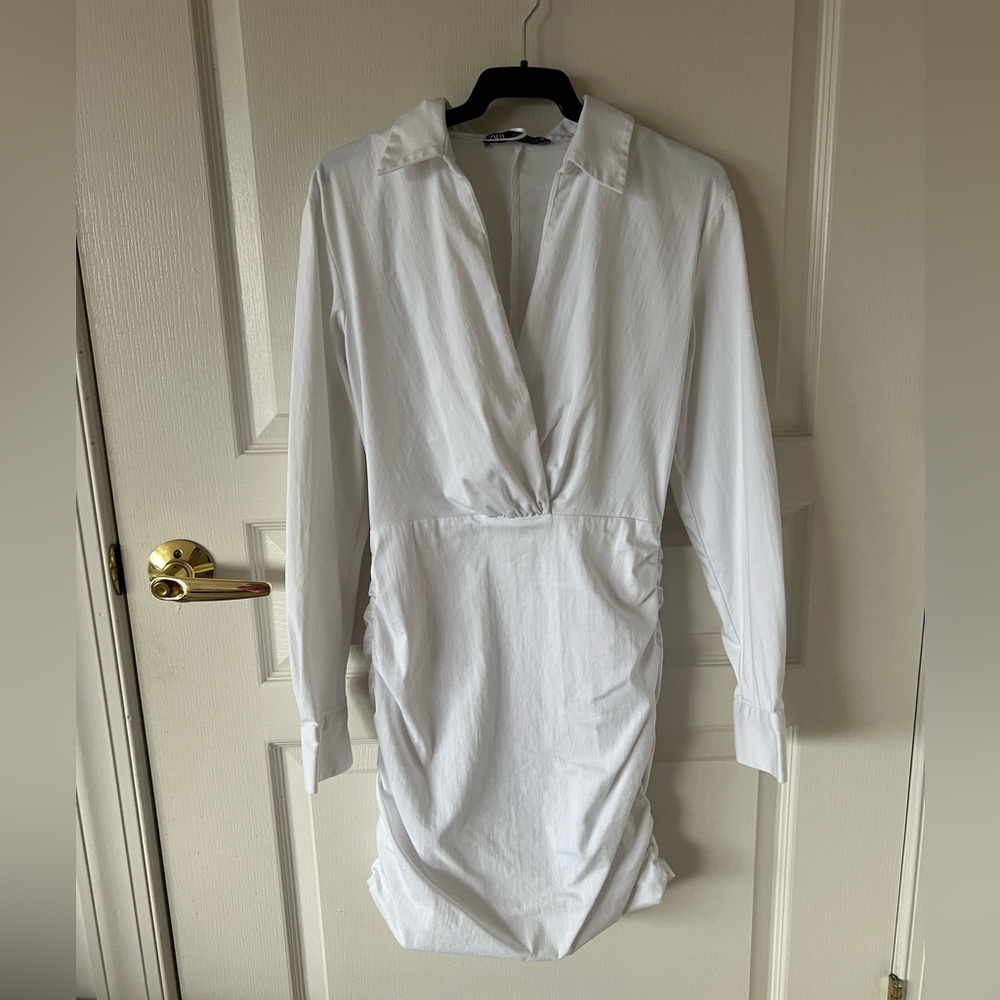 Zara white shirt deep v dress